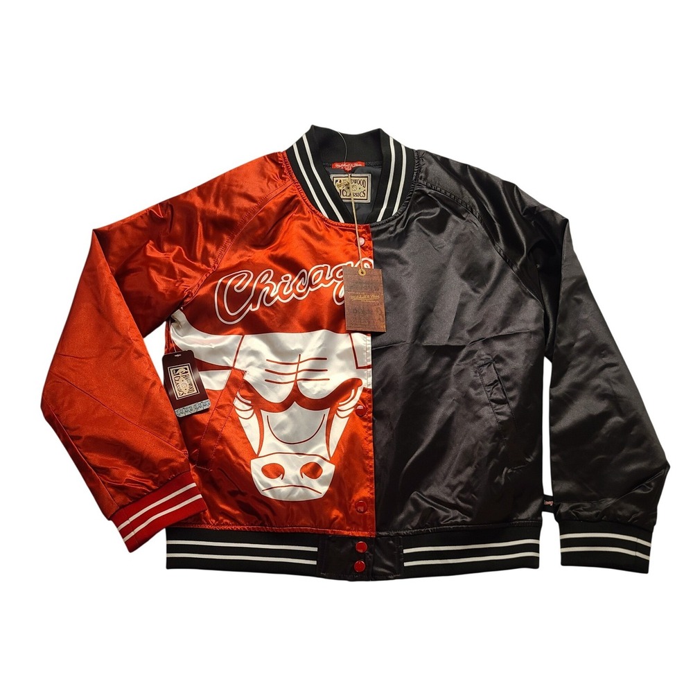 Mitchell & Ness Chicago Bulls Big Face Satin Jacket Red Black Womens Large Sport
